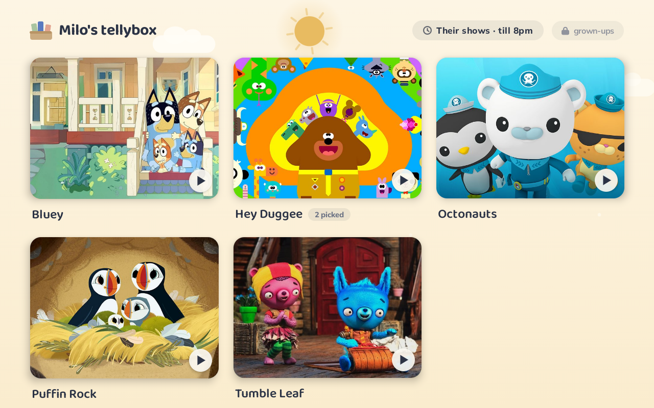 Tellybox kid mode: a grid of the child's shows