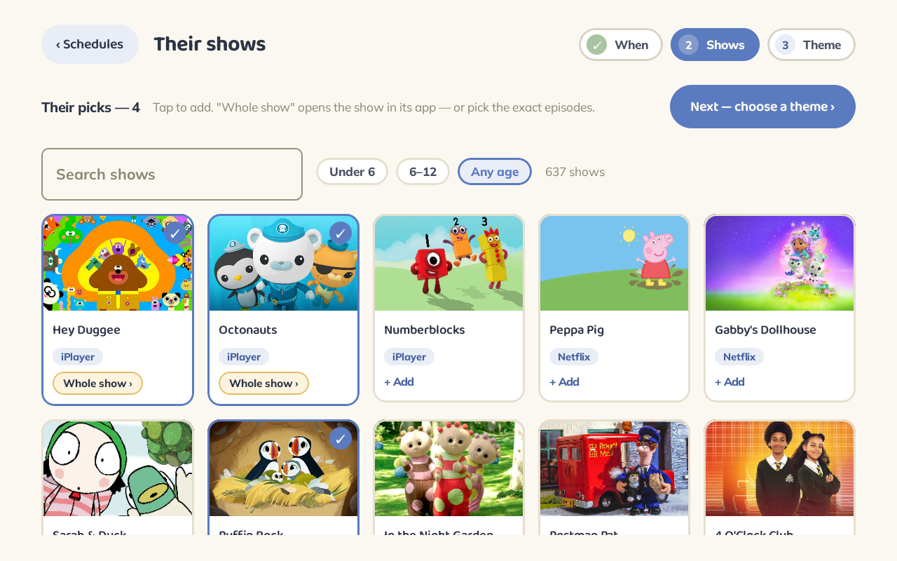 Parent mode: browsing and adding shows from your streaming services